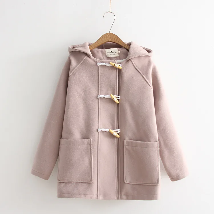 

Winter New Style Japanese-style Fresh Short-height Woolen Jacket Women's Toggle Students Hooded Pocket Duffle Coat S22627