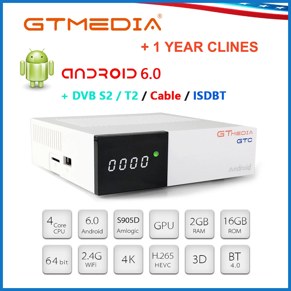 GTMEDIA GTC Smart tv Box Android 6,0 2 Гб 16 Гб S905D 4K H.265 Wifi Netflix телеприставка+ 1 год камера медиаплеер Android tv Box