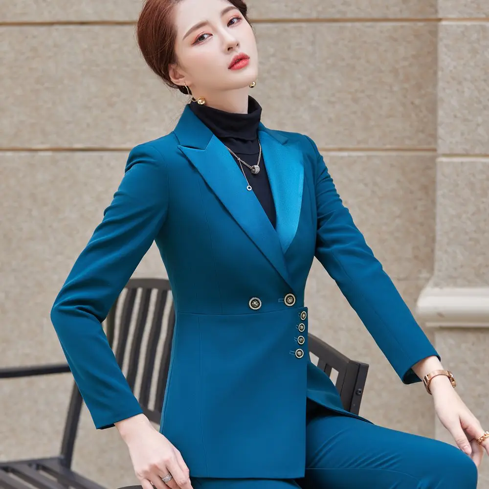 

Новинка 2022, осенне-зимняя женская профессиональная одежда, повседневные офисные комплекты, двубортная Женская куртка, модные брюки из двух предметов