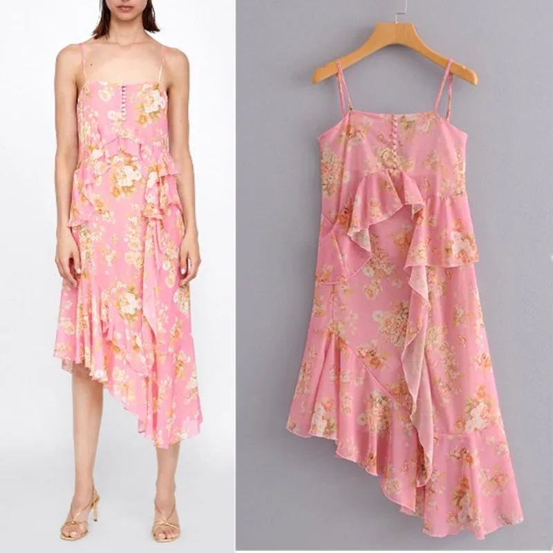 

2018 Summer New European And American Non-symmetrical Laminated Decoration Mid-length Dress Versatile Backless Strapped Dress J8