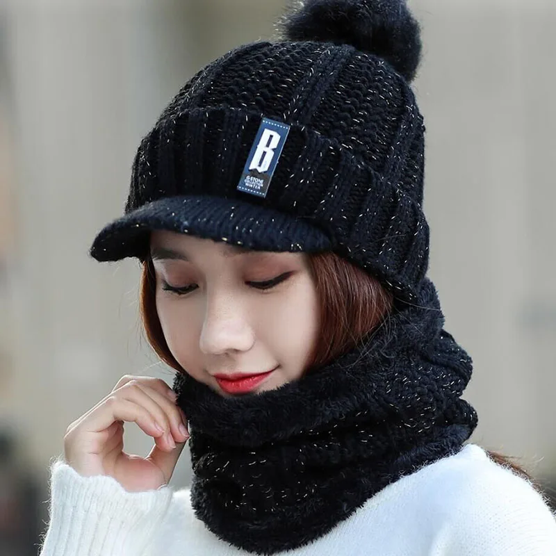 SUOGRY козырек B буквы вязаная шапка женская брендовая Высококачественная зимняя женская Лыжная шапка с кроличьим мехом помпоны шапки вязаный шарф