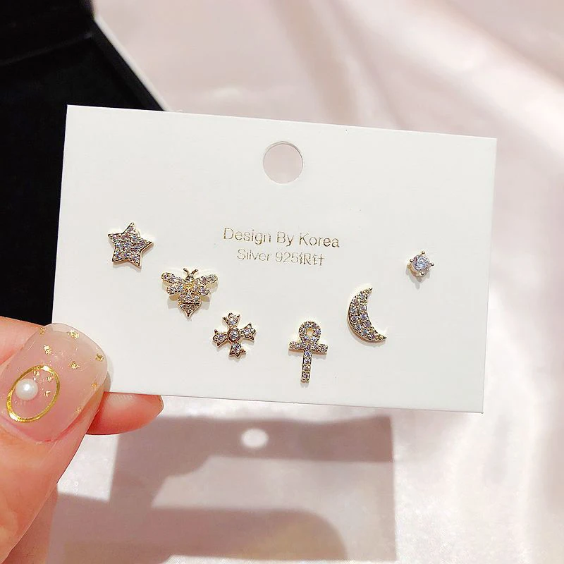 Trendy 6pcs Micro Paved Cubic Zircon Small Stud Earrings Set Gold Color Moon Cross Bee Star Earrings for Women