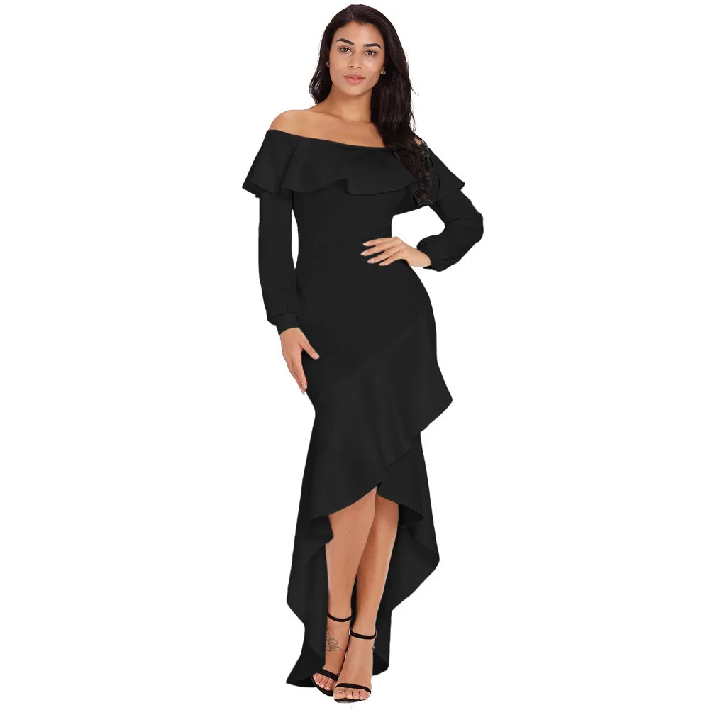 

BacklakeGIrls 2019 Solid Color Jersey Boat Neck Strapless Full Sleeves Cocktail Dresses Off Shoulder Irregular High Low Dress