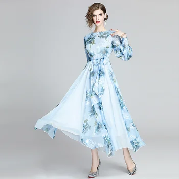 

2020 New Style WOMEN'S Dress-Style Printed Joint Chiffon Lantern Sleeve Waist Hugging Long Big Hemline One Piece