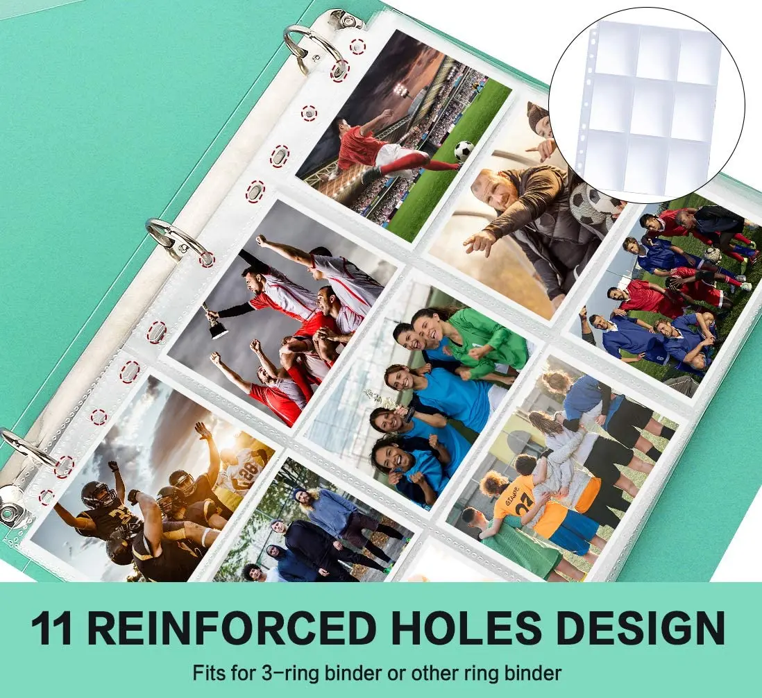 20 Pieces Trading Card Sleeve Pages, 100 Pack 9 Pocket Trading Card Storage Album Pages 11 Holes Fit 3 Ring Binder