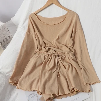 

Autumn Solid Color Long-Sleeved Pullover T-shirt with Lace-up Elastic High Waist Wide Leg Shorts set Casual Two Piece Suit Women