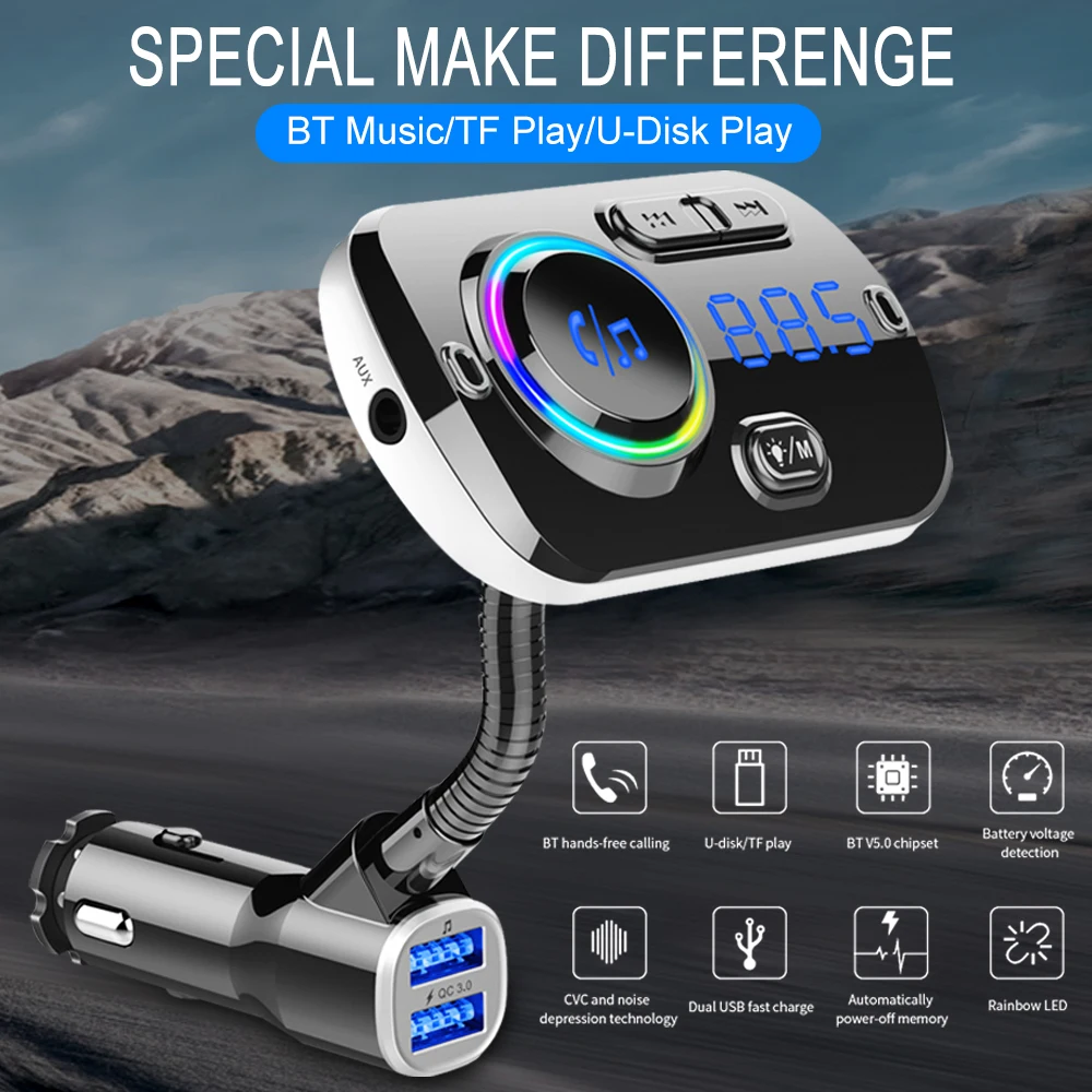 Автомобильное зарядное устройство Quick Charge 3,0 для телефона, fm-передатчик, Bluetooth 5,0, автомобильный комплект, автомобильное зарядное устройство для телефона для Xiaomi, samsung, iPhone, зарядка