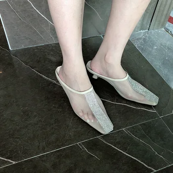 

Air Mesh Women Slippers Square Toe Rhinestone Crystal Slides Thin Low Heels Slip On Elegant Mules Shoes Ladies Casual Slides