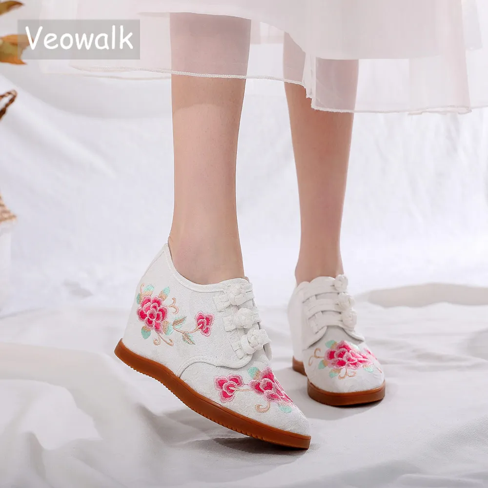 Veowalk 7cm Hidden Platform Women Jacquard Hi Sneakers Flowers Embroidered Ladies Casual 