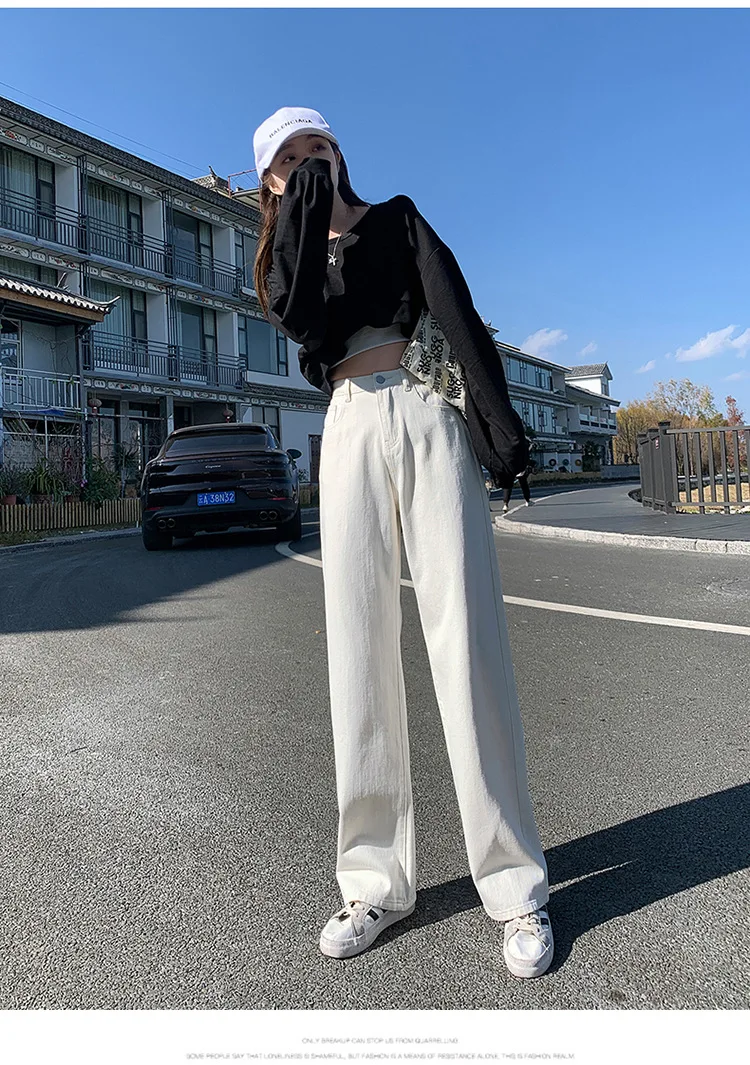 2021 New Fashion Korean Style Women White High-Waist Jeans Summer New Style Wide-Legged Wild Straight Loose Comfortable Pants cargo pants