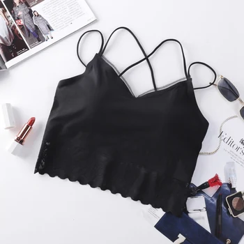 

Cozy Ice Silk Crop Bra Lace Active Bras Women Sexy Solid Rib Elastic Wire Free Spaghetti Strap Seamless Top F Rk #E