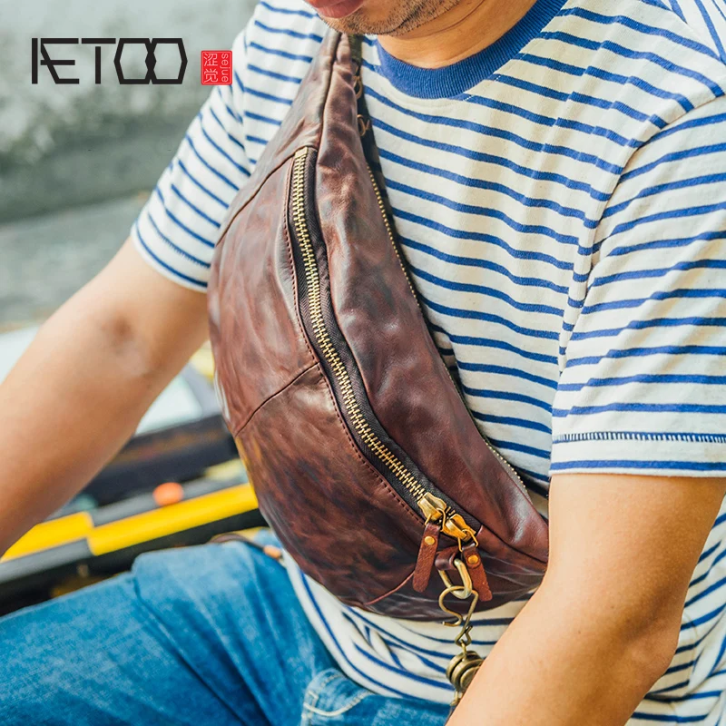 

BJYL Handmade men's Chest Baotou cowhide shoulder bag to make old folds men's pockets