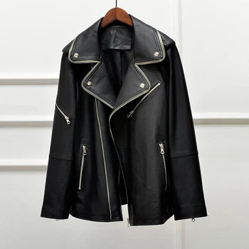 

FMFSSOM Spring Autumn Faux Leather Zipper Oversizes Loose Motobike Punk Women Lady PU Outerwear