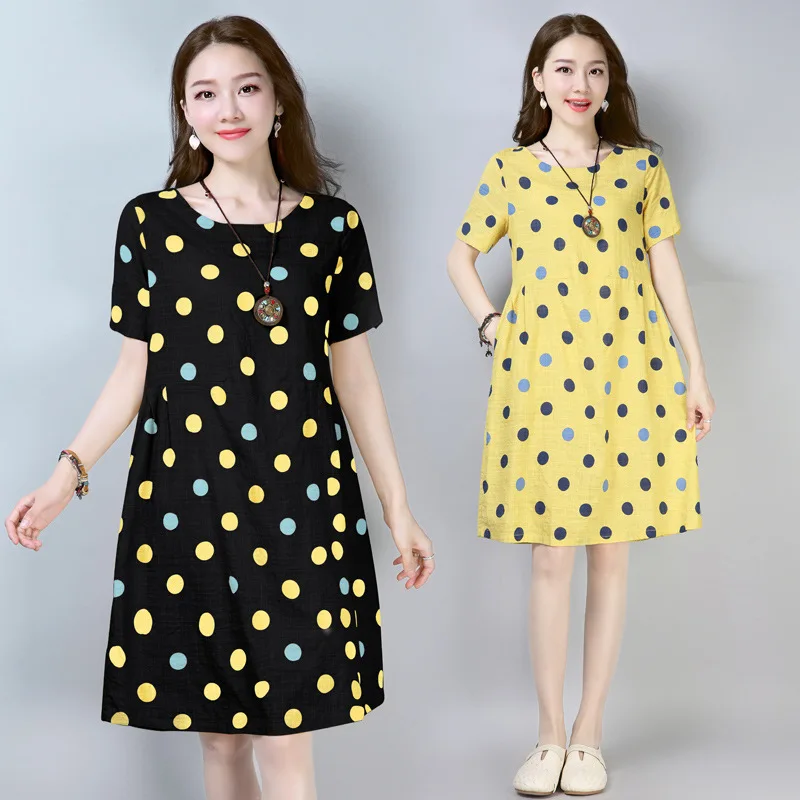 

Photo Shoot Polka Dot Dress Women's Summer Mid-length Cotton Linen Loose-Fit Tibetan Meat Cover Belly Slimming by Age A- line Sk
