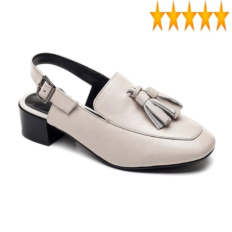 

Ladies Block Med Heels Elegant Back Buckle Straps Summer Women Genuine Leather Shoes Vintage Tassels Close Toe Sandals