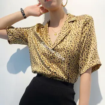 

Leopard Printed Women's Shirt Half Sleeve 19mm Satin 100% Silk Yellow Notched Office Lady Blouse with Buttons 2020 New