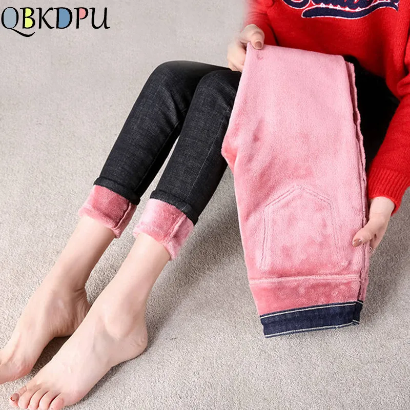 Для мамы размера плюс теплые зимние джинсы для мальчиков женщин эластичные