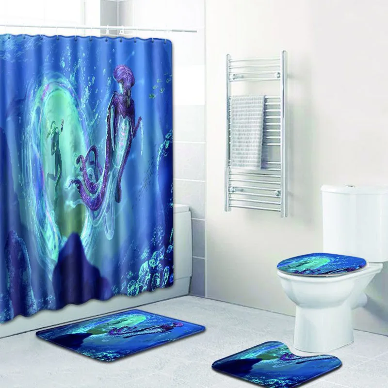 

4pcs/set Seaworld Print Waterproof Bathroom Curtain Non-Slip Bath Mat Toilet Cover Mat Floor Mat Rug Hooks Carpet Home Decor