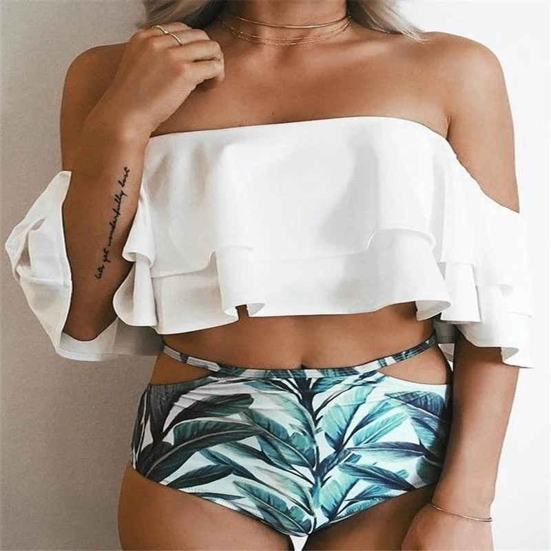 

Plus Size Swimsuit 2020 New Arrival Cute Double Ruffled Printed Boat Shoulder High Waist Sexy Swimwear for Women Traje de BaÃ±o