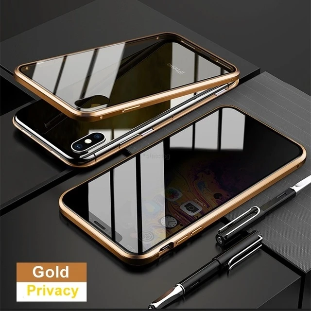 Магнитное закаленное стекло металлический чехол для iphone 11Pro XR XS 11 Pro MAX X 8 7 6S 6 Plus 360 магнит антишпионский защитный чехол - Цвет: Gold