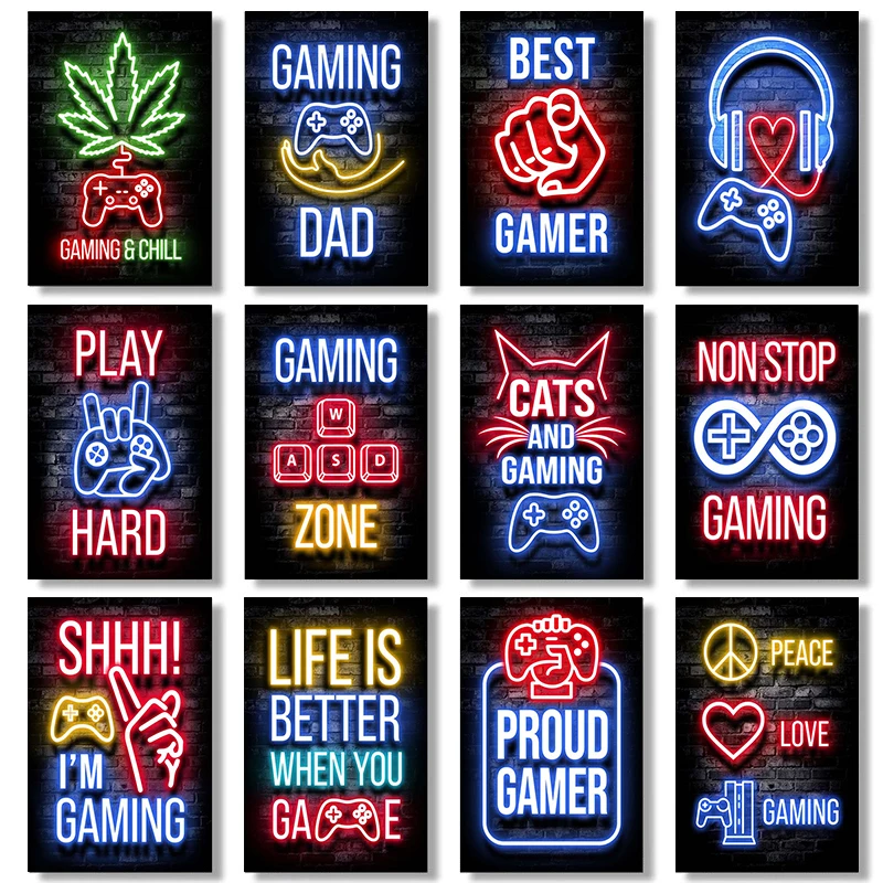 Neon Gaming Gamer Wall Art Poster Prints Gamer Canvas Painting Canvas