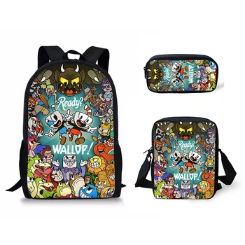 

HALYUNASC 3PCs/Set Children's School Backpack Cuphead Pattern Kids School Bags Cartoon Anime Design Teenagers Book-Bags Set