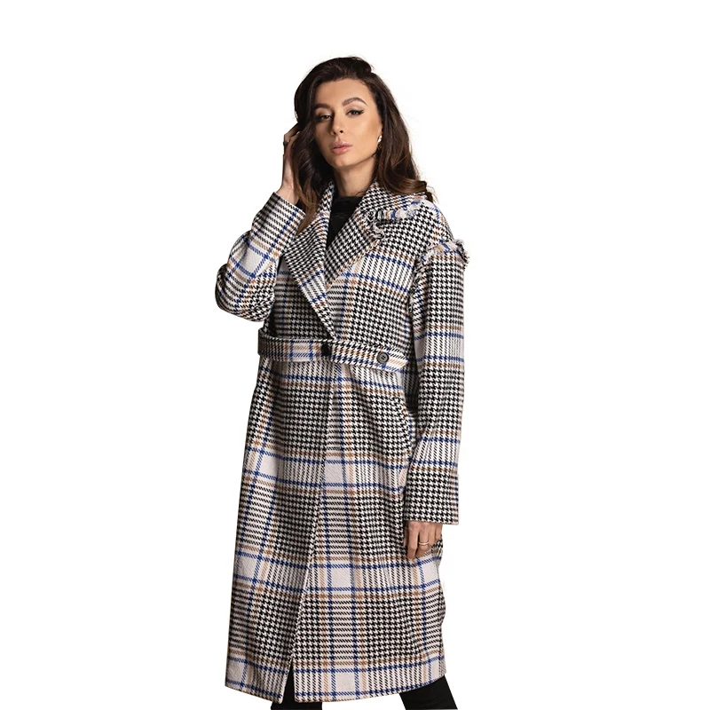

Autumn and winter new Women's blue and white checked jacket fashion overcoat plaid color jacket Female Ladies Overcoat Outwear