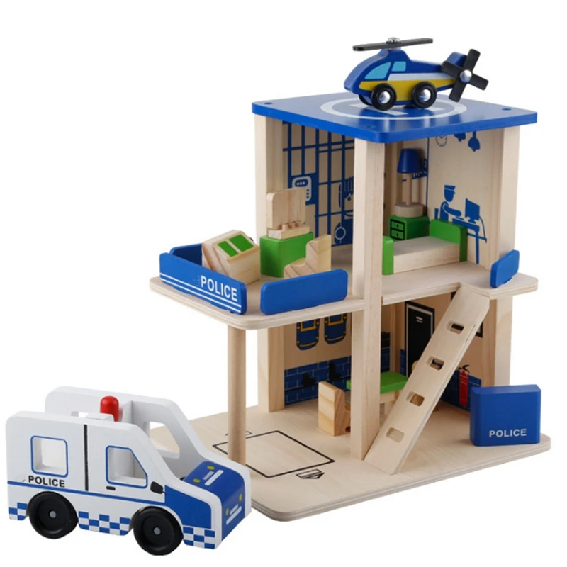 

Children Play House Role Playing Simulation DIY Hut Police Station Fire Station Post Office Wooden Toy Blue