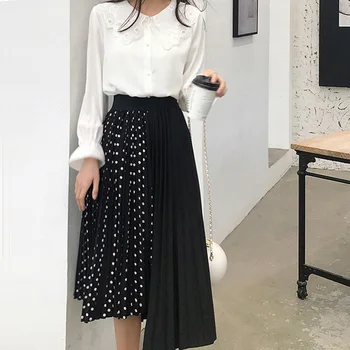

Ellacey Plus Size Patchwork Pleated Skirt Summer New Loose Polka Dot Skirt Stitching Irregular Chiffon Skirt Women