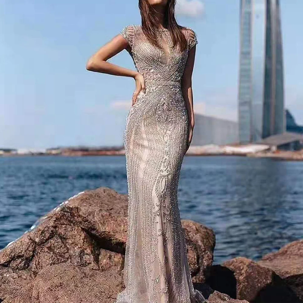 Роскошные серебристые золотые вечерние платья русалки с длинным бисером и кристаллами с коротким рукавом Вечерние платья Robe De Soiree Fomal платье Longo