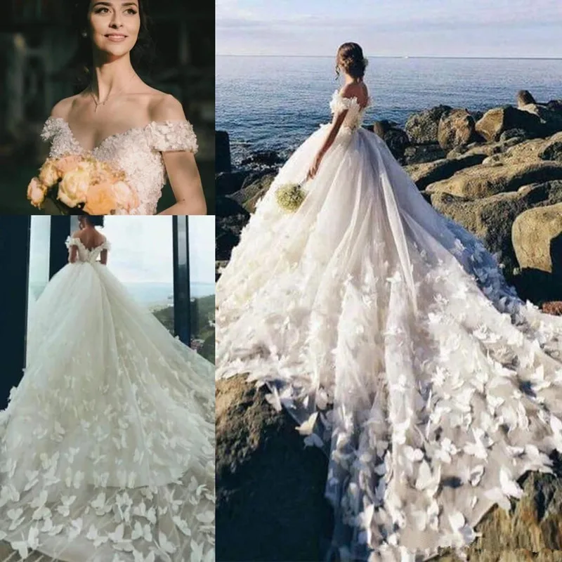 Ультра-длинным шлейфом Свадебное платье принцессы с открытыми плечами бабочка 3D цветочные кружева пляжные сандали невеста, свадебное платье vestido de n