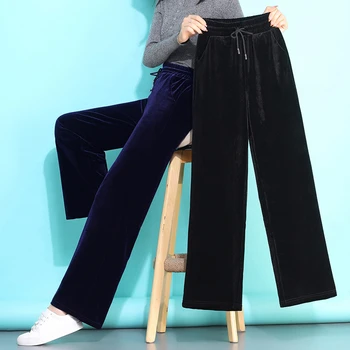 

Pleuche Wide Leg Pants Women Spring Autumn Elastic Waist Long Pant Female Casual Straight Loose Trousers Plus Size Black Blue