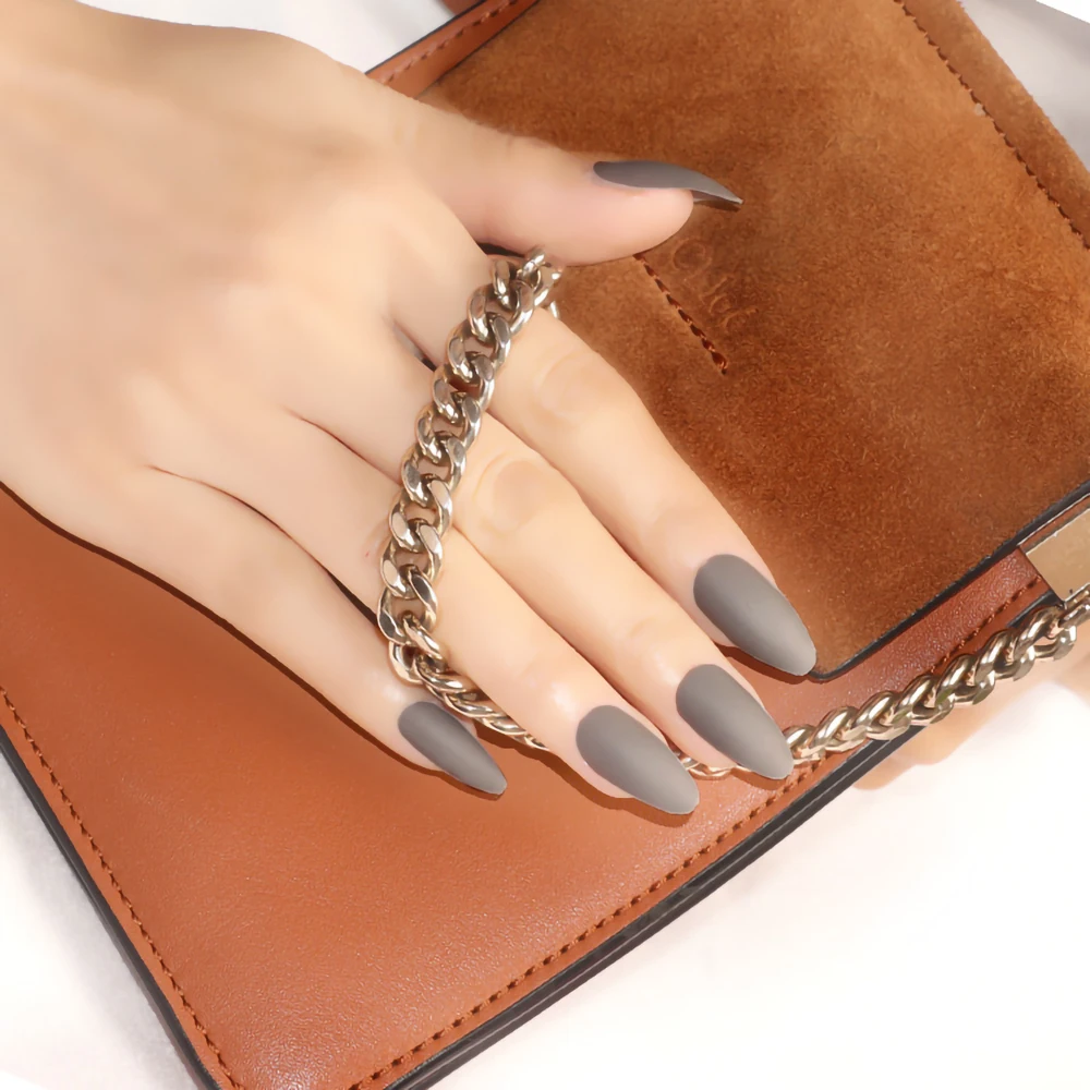 Nusx 24pcs New Coffin Matte Fake Nails Gray Long Round Soft Frosted Press On Nails Coloured 4