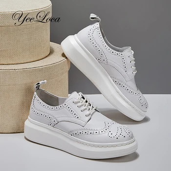 

Women's Sneakers Leather Perforated Lace-Up Oxfords Brogue Wingtip Derby Saddle Shoes Girls Ladis Women Flat Shoes Heel Heighten