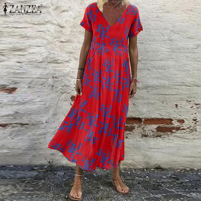 ZANZEA Summer Women Sundress Bohemian Floral Print Beach Maxi Dress Vintage V Neck Short Sleeve Oversized Dresses Kaftan Vestido 3