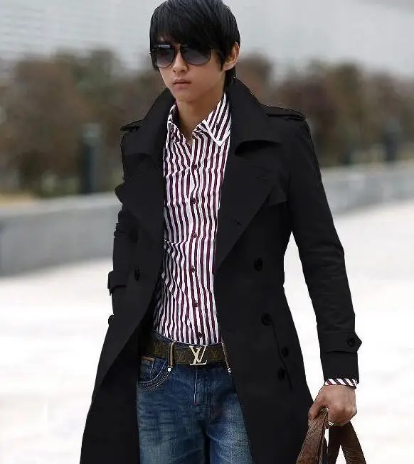 Двубортный мужской Тренч, мужские пальто средней длинны, Мужская европейская одежда, приталенное пальто с длинным рукавом, весна-осень, дизайн, большие размеры s-4XL - Цвет: Черный