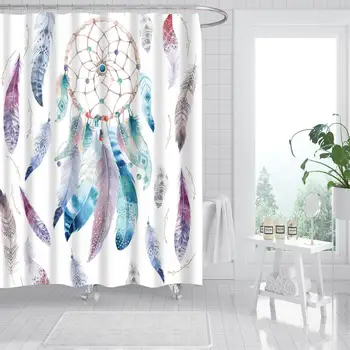 

Waterproof Thicken Colored Feathers White Bathroom Shower Curtain Polyester Mildew Proof Bath Shower Curtain with 12 pcs Hooks