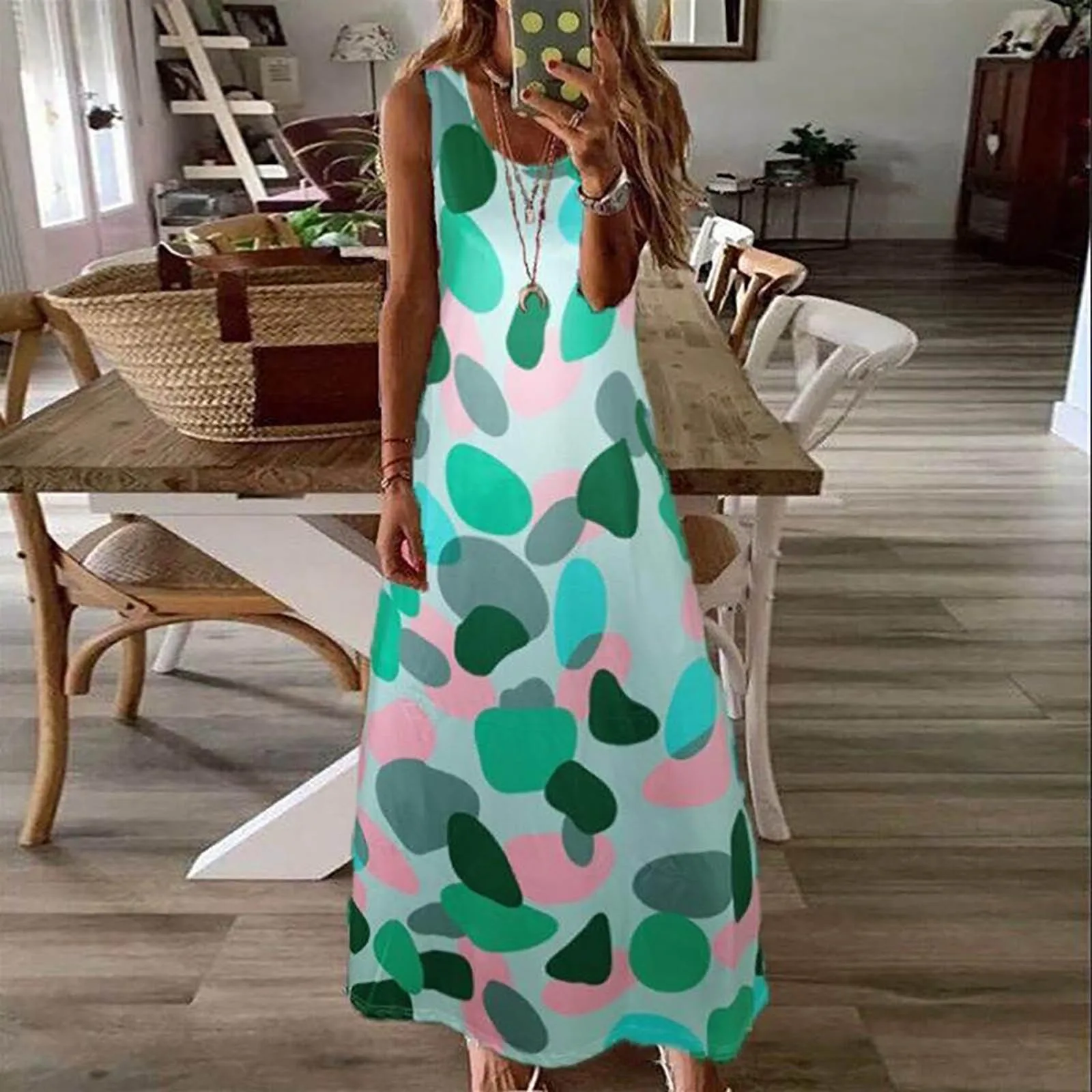 Women's Fashion Summer Casual Printed O-Neck Sexy Sleeveless Dresses Long Ladies Tank Dress Ankle-Length Vintage Vestido Mujer 2