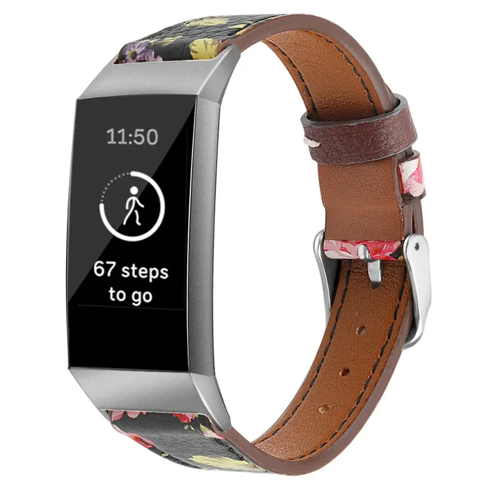 Leather band for Fitbit Charge 3/Charge 3 SE Floral Soft Leather Replacement Accessories Bands Wristband Flower Strap Women Men