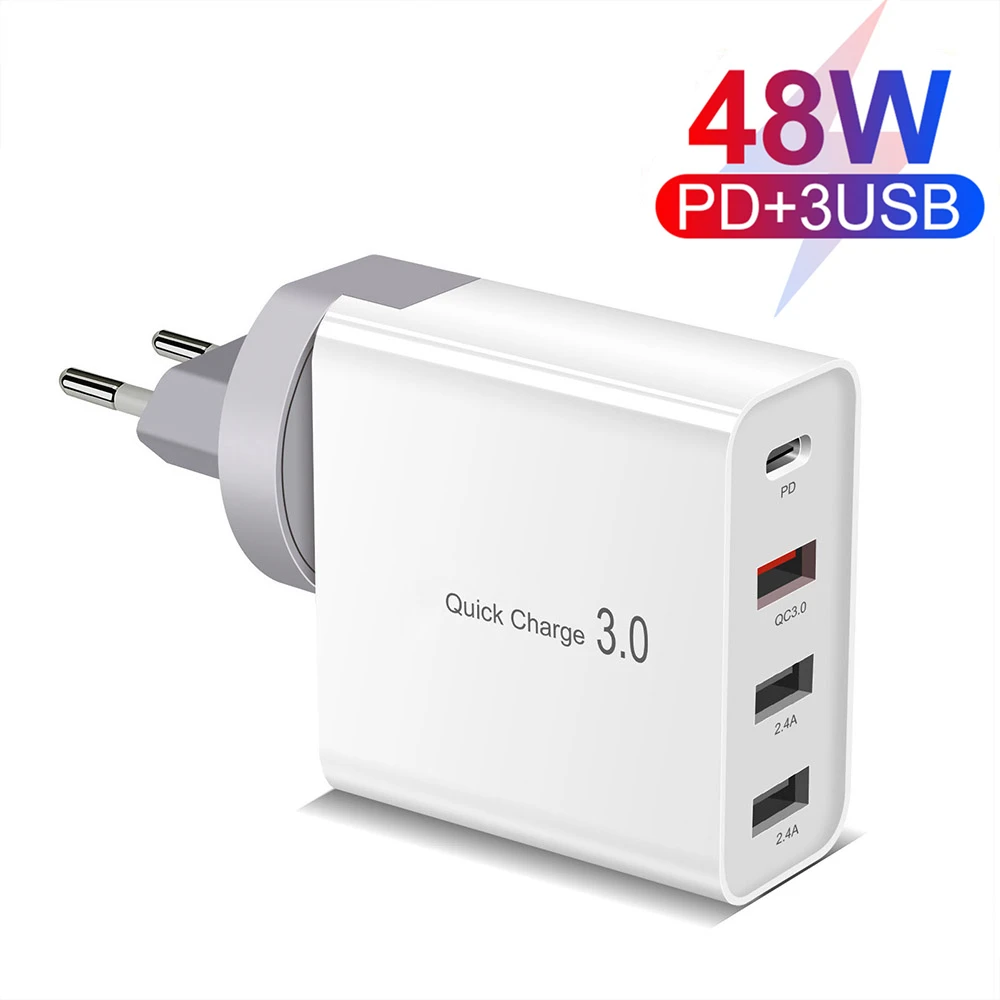 48W 4 Port USB PD Fast Charger Power Quick Charge 3.0 Type C Wall Adapter for iPhone 13 12 11 XS XR X 8 MacBook iPad Airpods Pro usb c 20w Chargers