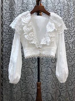 

2020 Spring and Summer New Women's Deep V-neck Outdoor Water Soluble Ruffles Stitching Long Sleeve All-match Short Top 526