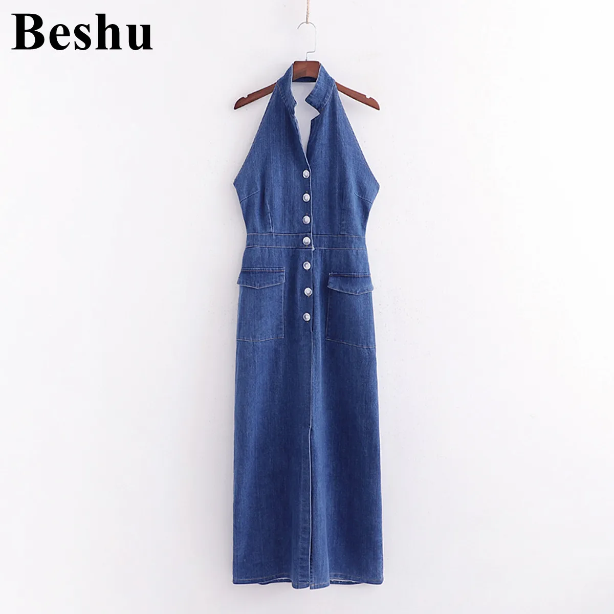 

za 2019 fashion halter-neck dress women denim blue simple slim long single-breasted fashion dress sleeveless vestidos mujer