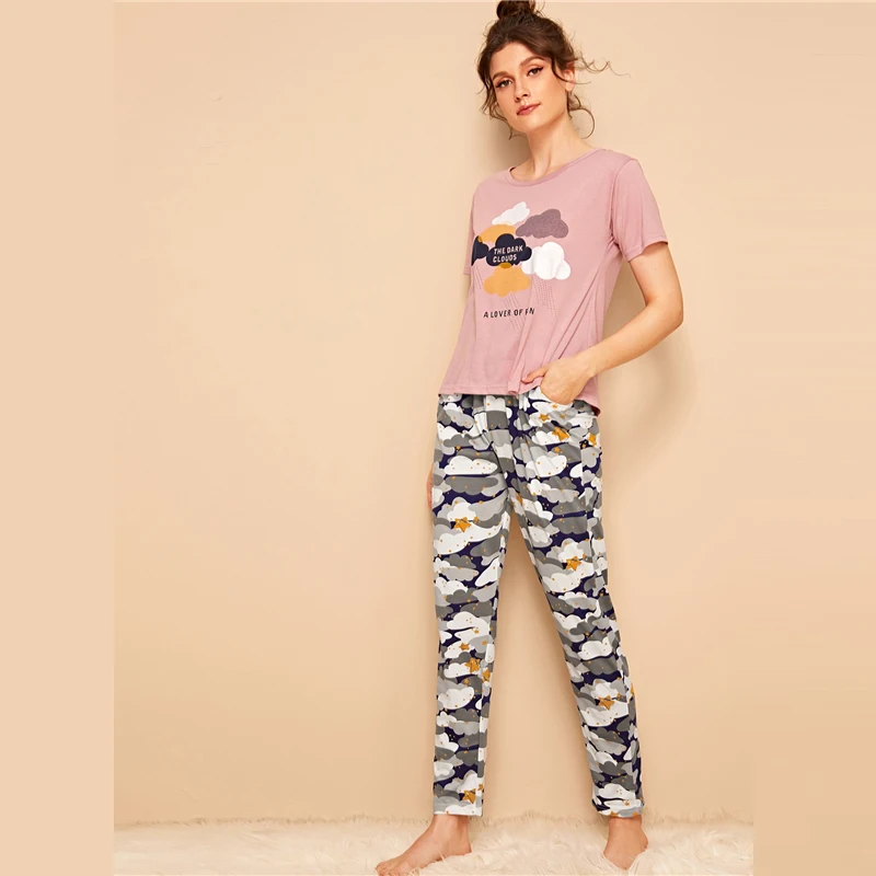 SweatyRocks пижамный комплект с принтом облаков и звезд, женские разноцветные футболки с коротким рукавом, длинные комплекты, осень, повседневная одежда для сна, милые пижамные комплекты