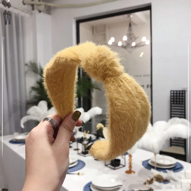 Японские корейские Зимние новые аксессуары для волос из кроличьего меха, широкие повязки для волос, повязки для волос для женщин, одноцветные держатели головных уборов - Цвет: yellow color