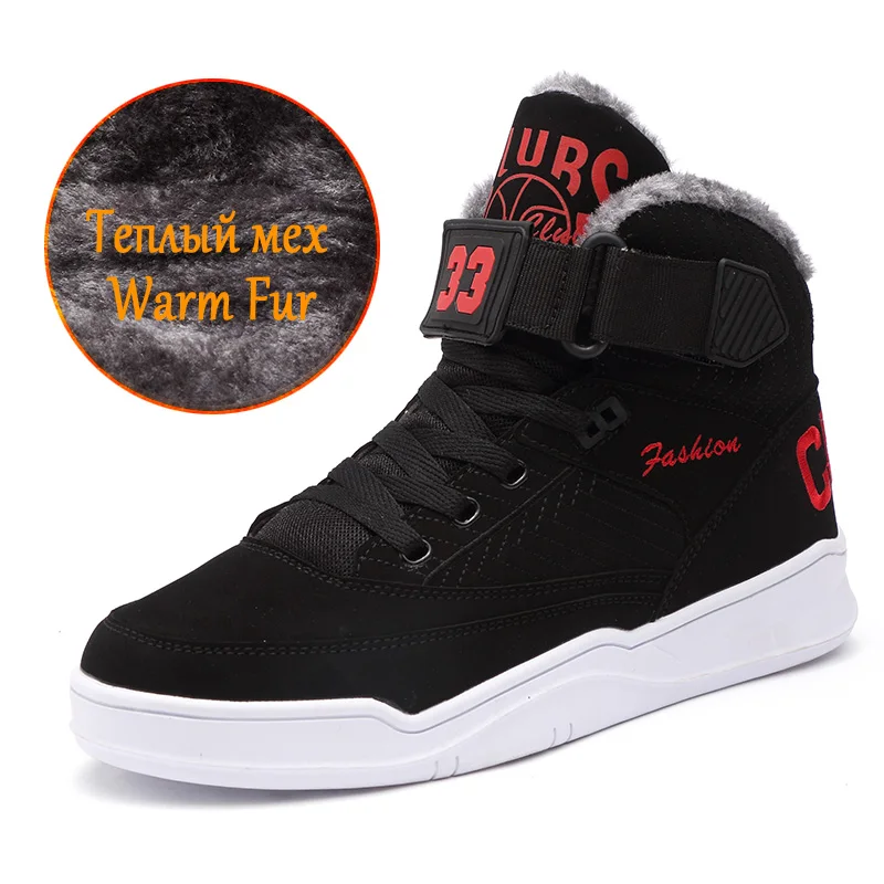 Fur black red Классические зимние мужские кроссовки для бега плюшевые теплые мужские зимние ботинки голяшка средней высоты мужские кроссовки для улицы водонепроницаемые мужские Базовые рабочие ботинки - Цвет: Fur black red