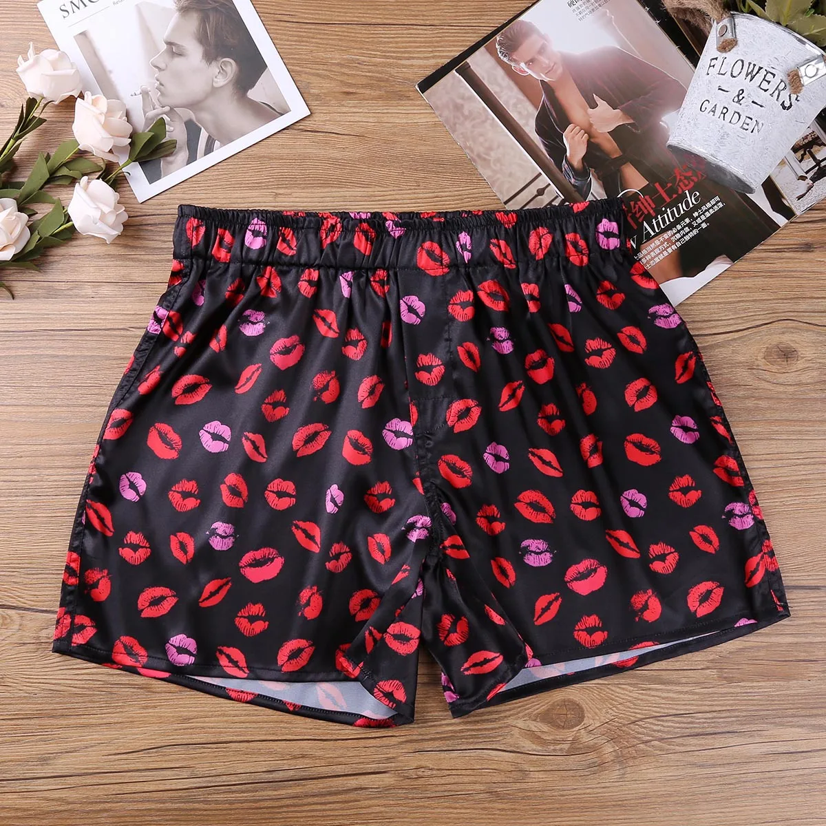 Men Silk Satin Boxer Shorts Summer Lip Love Heart Print Loose Lounge Sports Shorts Pajamas