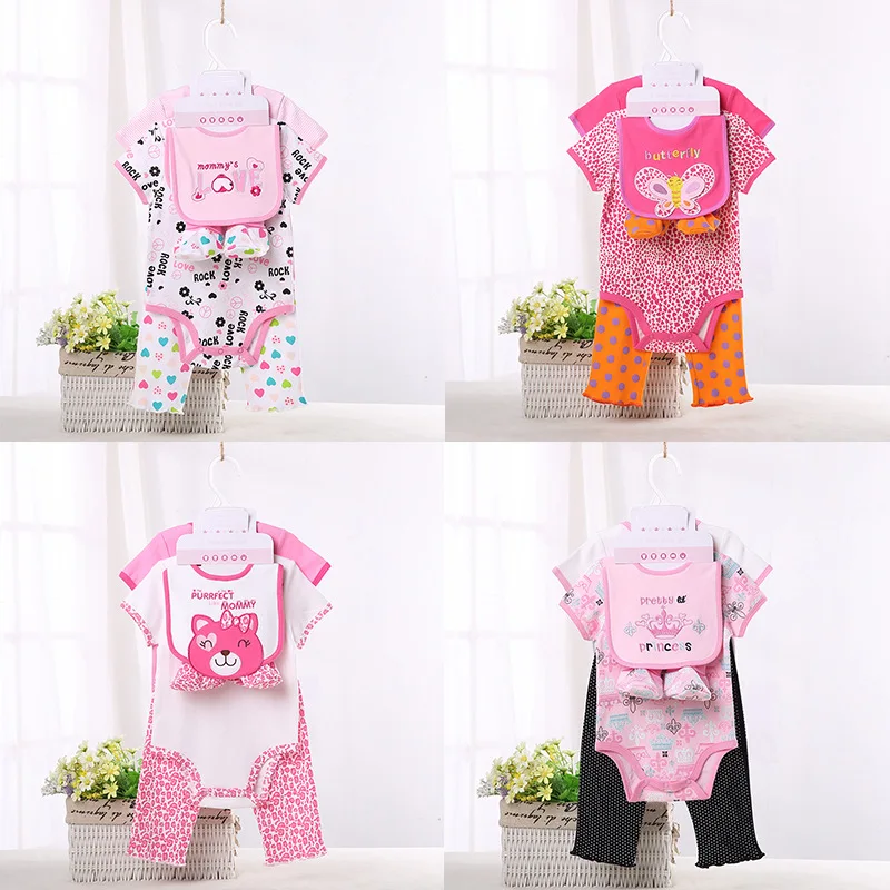 

Hot Selling Infants Baby Elephant Romper Pure Cotton Printed Bibs Set Men And Women Baby Five-Piece Onesie