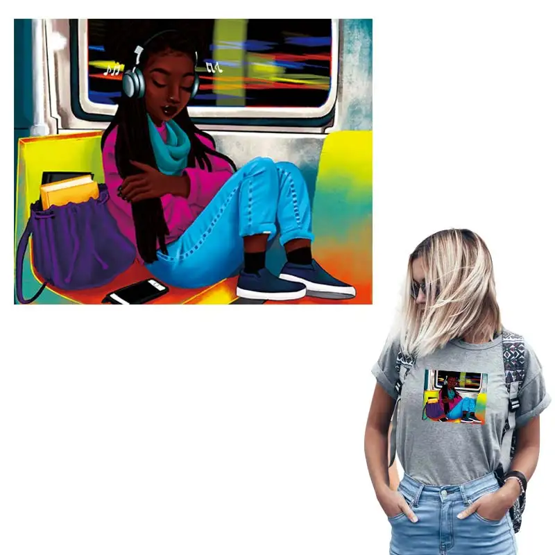 Girl Applique Listen Music Thermal Press Vinyl A-Level Washable Diy Hoodies Tops Custom Patch T-Shirt Dresses Stickers | Дом и сад