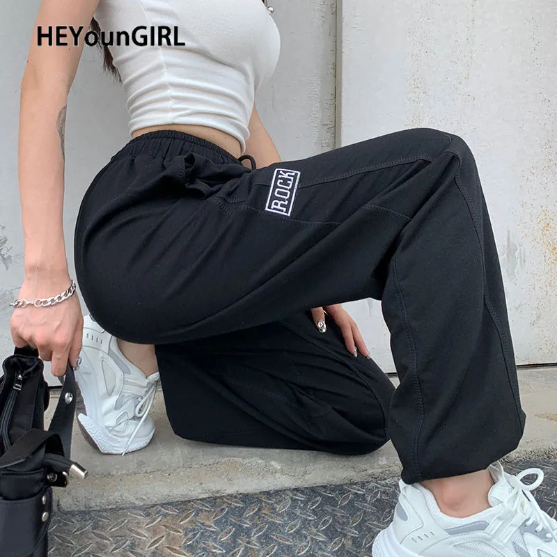 HEYounGIRL Embroidery Letter Casual Baggy Joggers Women Black Elastic High Waisted Harem Pants Capris Skinny Fashion Sweatpants