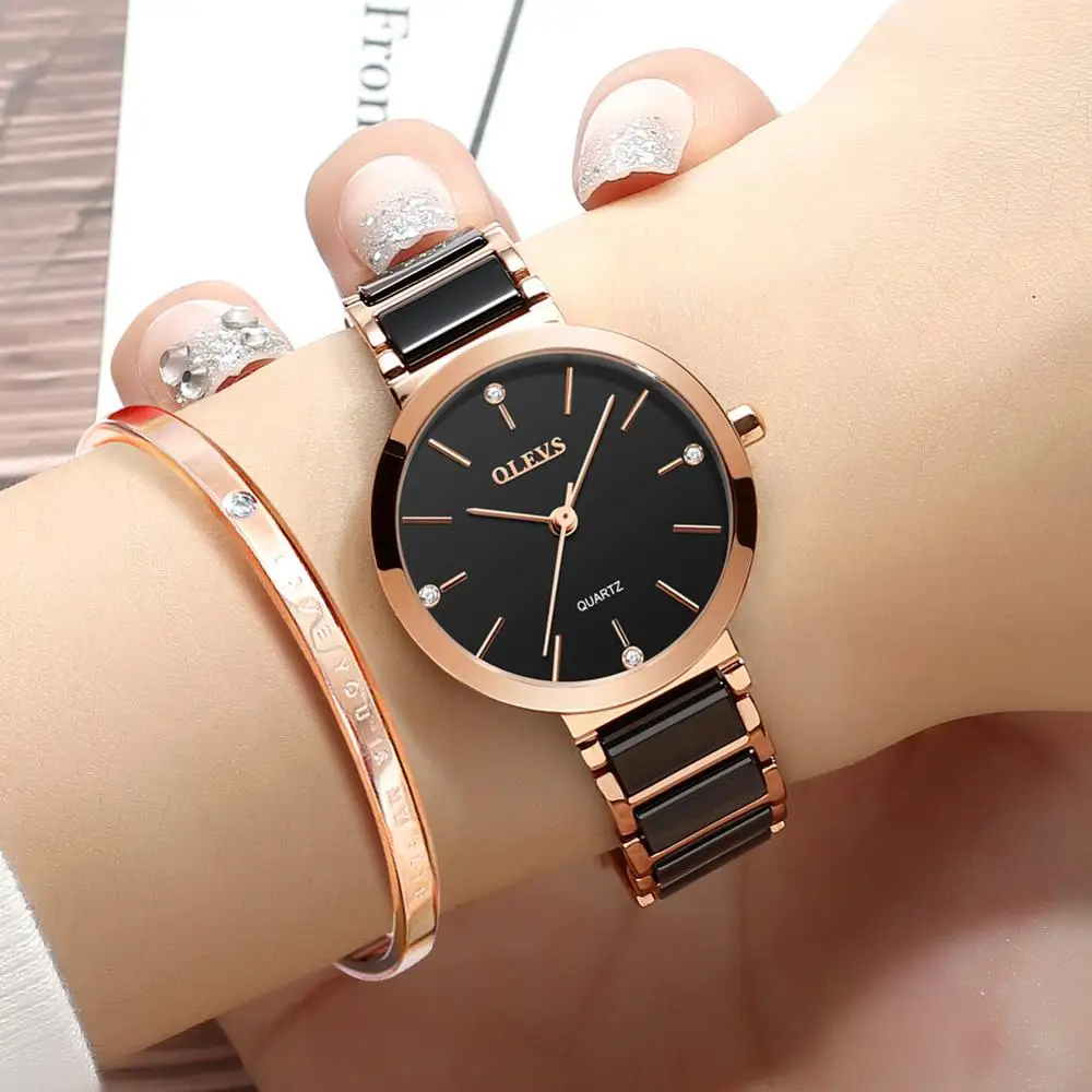 OLEVS Ceramics Watchstrap Quartz Women Watch Waterproof Luxury Brand Watch For Women Fashion Elegant Ladies Bracelet 5877 Women Electronic Watch